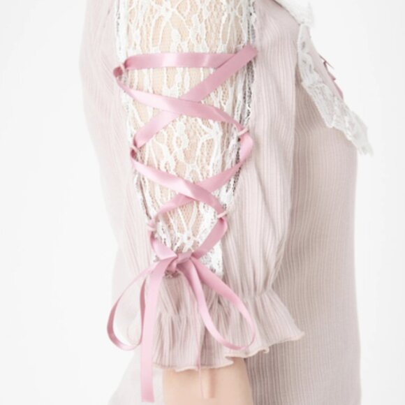 Ank Rouge Pink Spindle Lace Up Detail Short Sleeve Knit Sweater Top - Picture 3 of 5